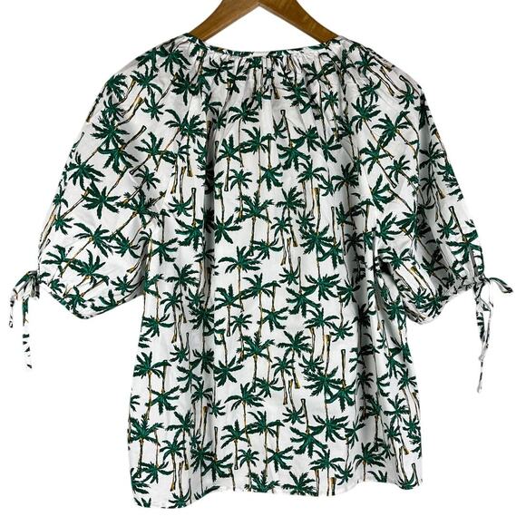 J. Crew Poplin Button Front Palm Tree Short sleeve Bow Tie Top Size Large - Picture 3 of 10